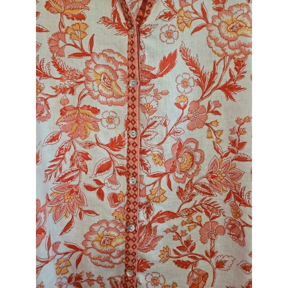 Rachel Zoe Womens XL Orange Floral 100% Linen Button Down Shirt European Flax - Picture 4 of 9